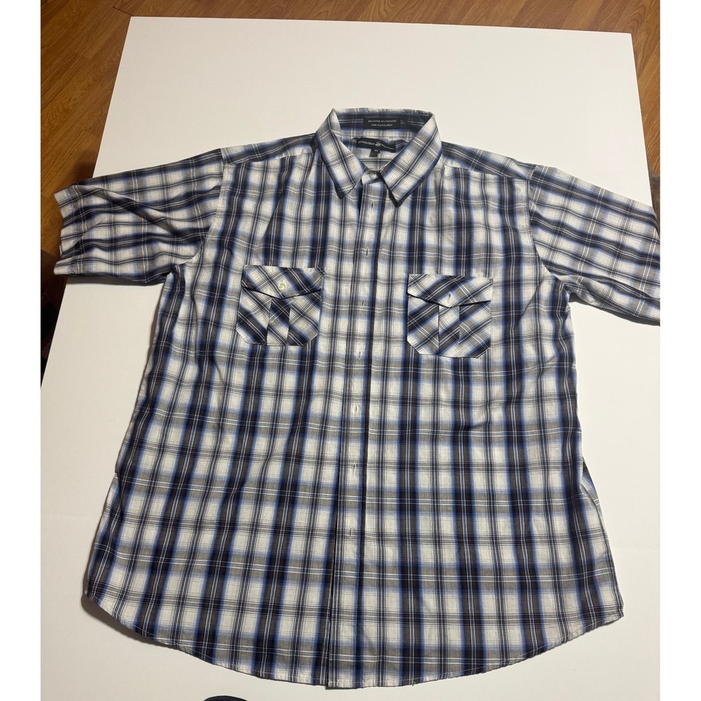 Beverly Hills Polo Club Mens 2X Blue Plaid Short Sleeve Button Down Shirt Pocket